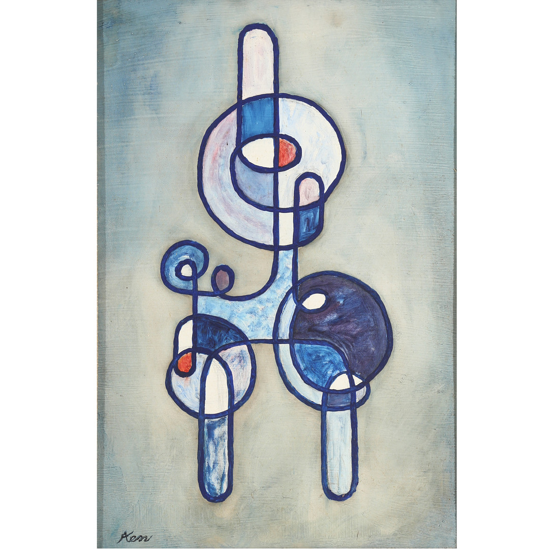 Ubekendt kunstner. Konkret komposition, olie på masonit, 1960'erne.
