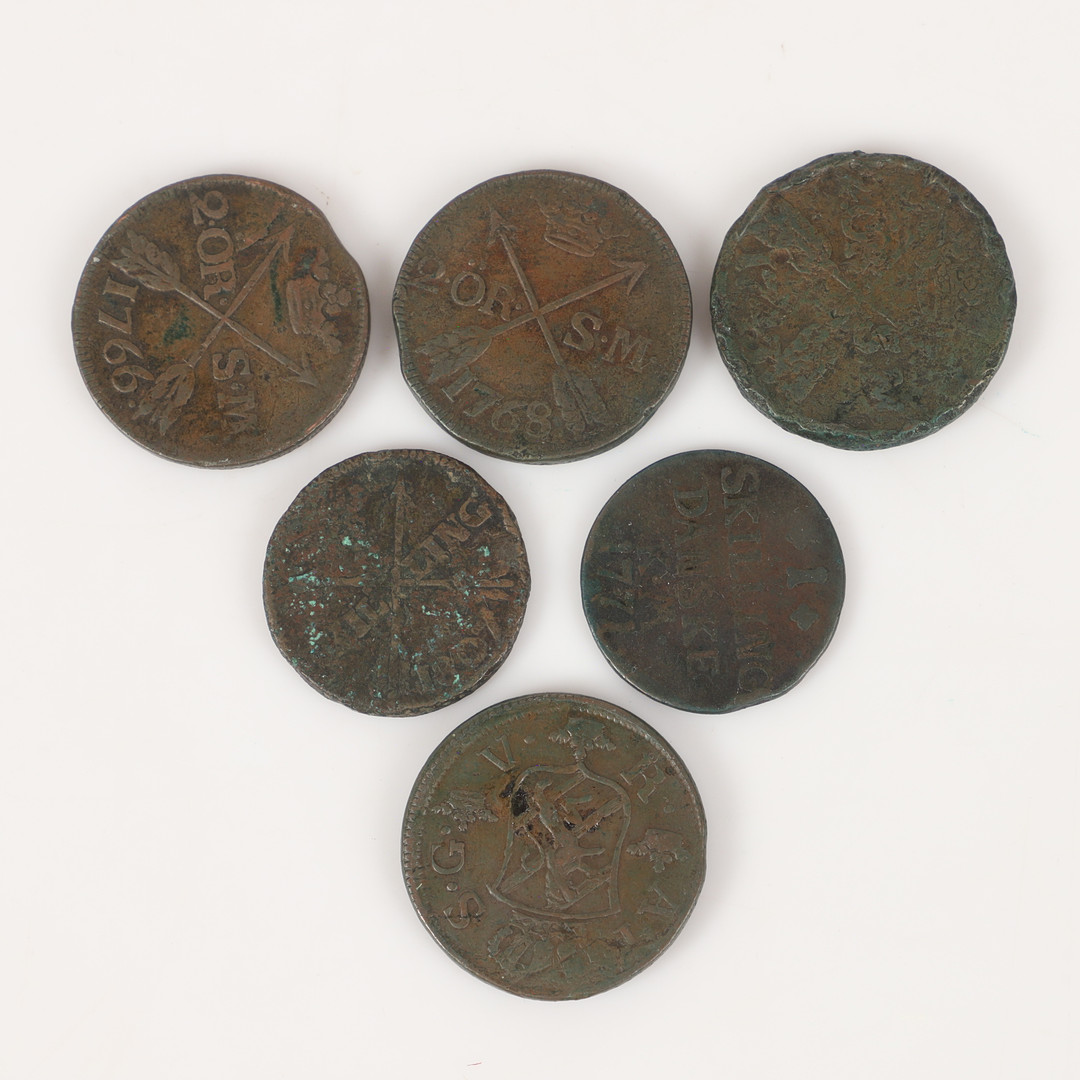 MYNT, 6 stycken, koppar, Sverige & Danmark, 1700/1800-tal.