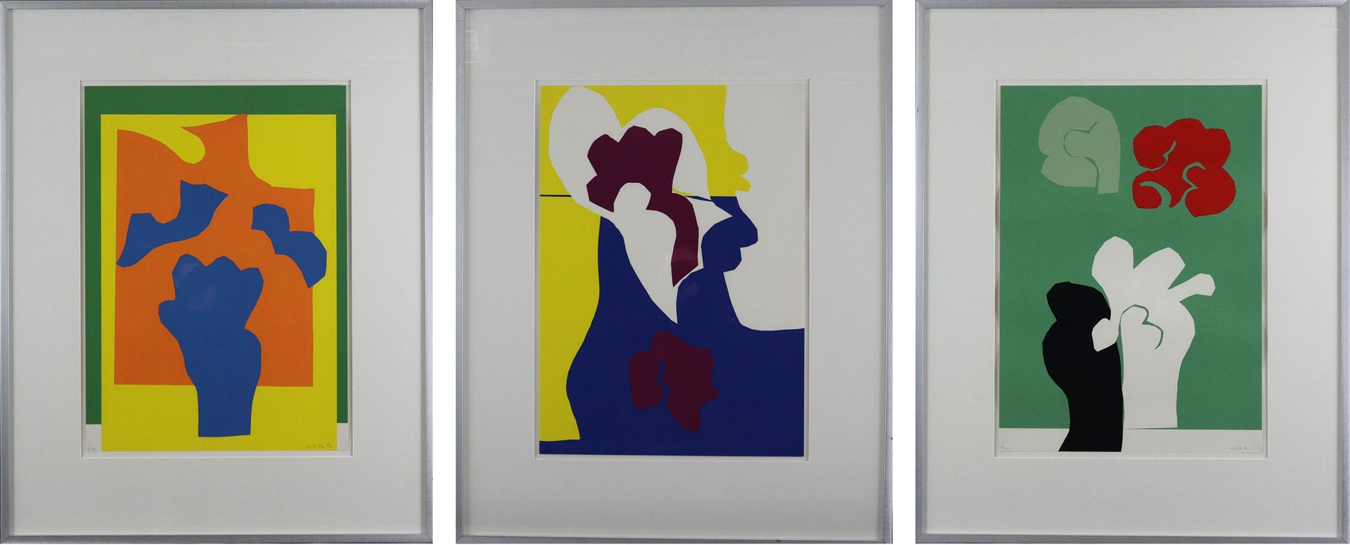 STOCKER, CARLOTTA. drei Motive aus der Serie "Les quatre boug", Farbsiebdrucke auf Papier.