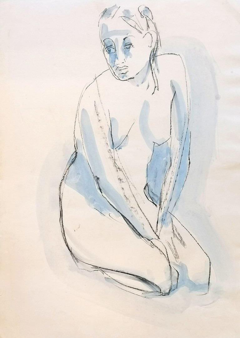 *ORIGINAL NIGEL PARRISS NUDE STUDY OF A 'BLUE' FEMALE SEATED.