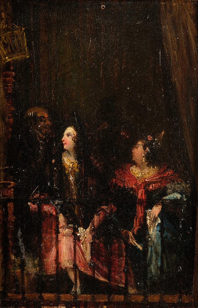 ESCUELA MADRILEÑA SIGLO XIX. Majas. Óleo sobre tabla.