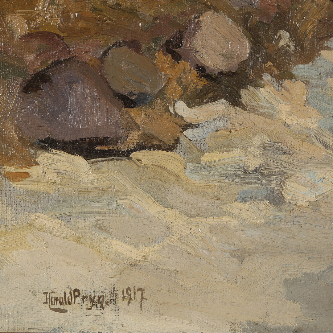 HARALD PRYN (1891-1968). Gård og åløb, olie på lærred, 1917.