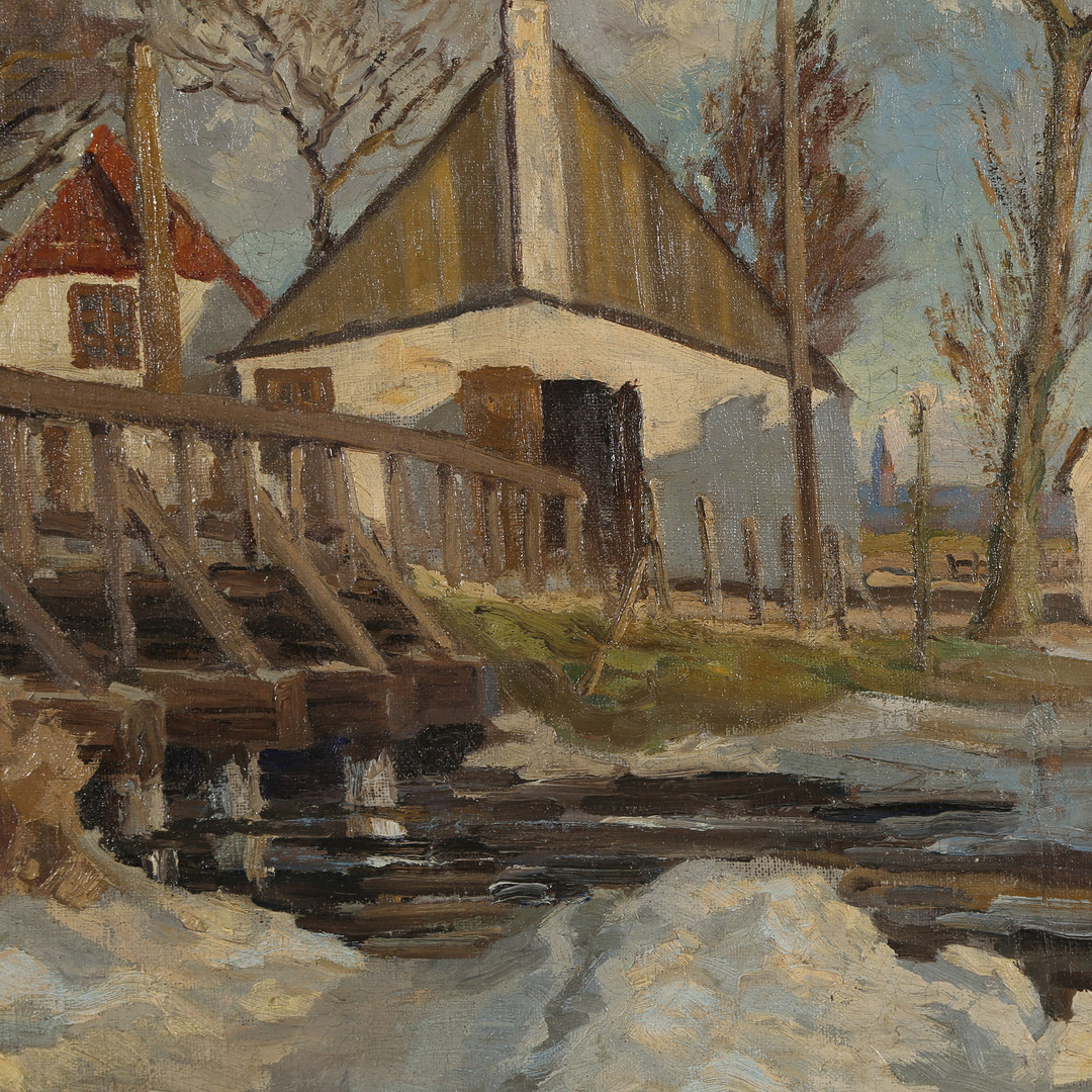 HARALD PRYN (1891-1968). Gård og åløb, olie på lærred, 1917.