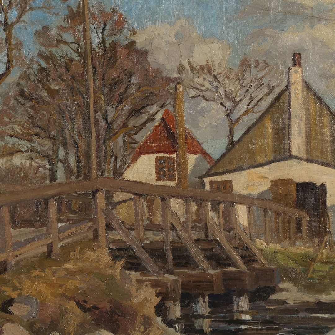 HARALD PRYN (1891-1968). Gård og åløb, olie på lærred, 1917.