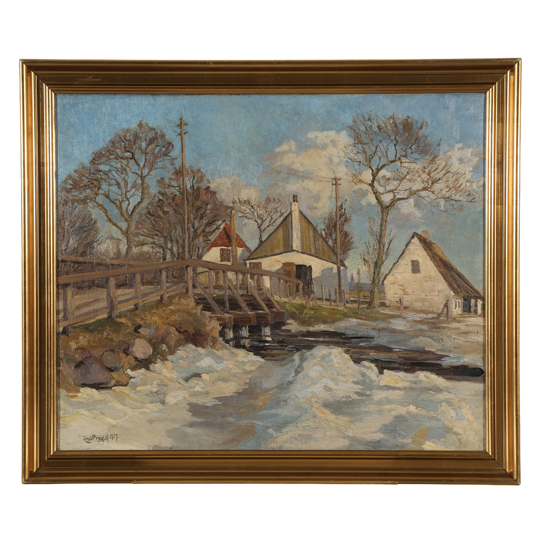 HARALD PRYN (1891-1968). Gård og åløb, olie på lærred, 1917.
