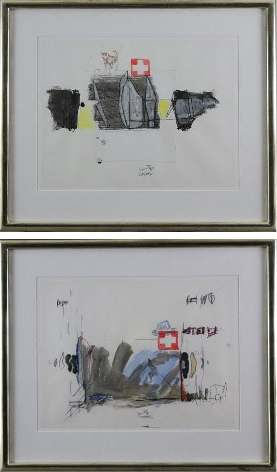 DIRK SOMMER / WOLFGANG LOESCHE. Schweizer Fahne und Hund / Schweizer Fahne und Hut, zwei aquarellierten Lithographien.
