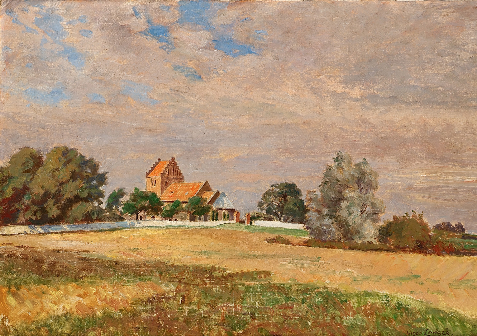 VIGGO LANGER (1860-1942). Landskabsmotiv med Selsø kirke ved Skibby, olie på lærred, signeret.