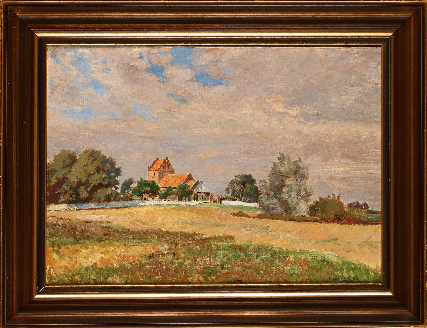 VIGGO LANGER (1860-1942). Landskabsmotiv med Selsø kirke ved Skibby, olie på lærred, signeret.