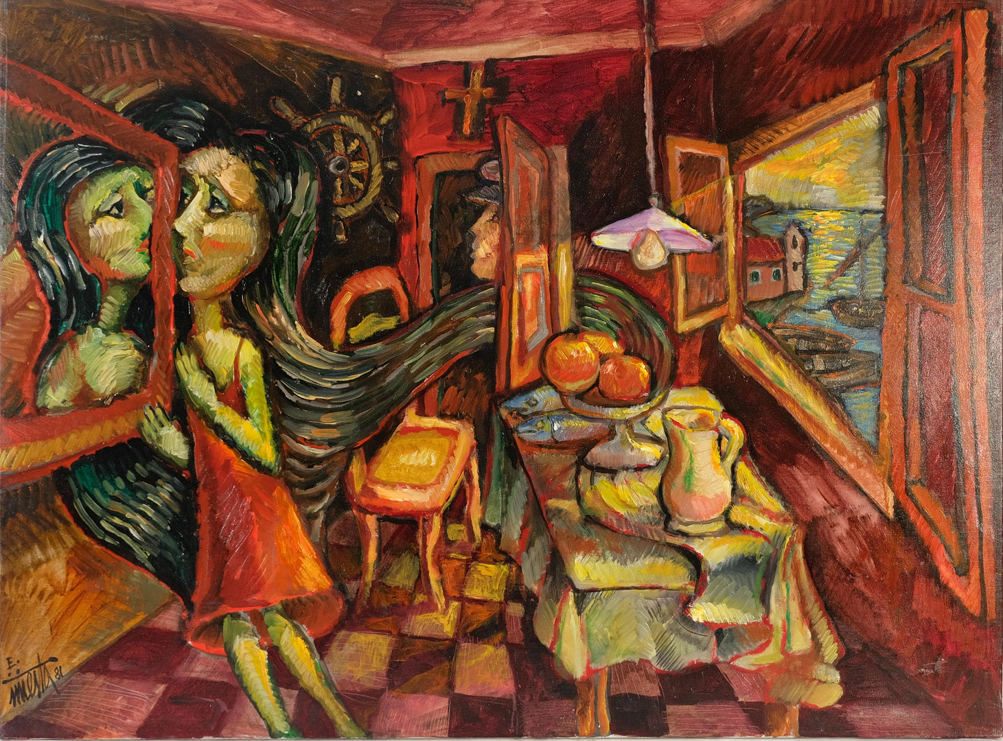 EDMUNDO INIESTA. Estancia con figuras. Óleo sobre lienzo. Firmado y fechado en 1981.