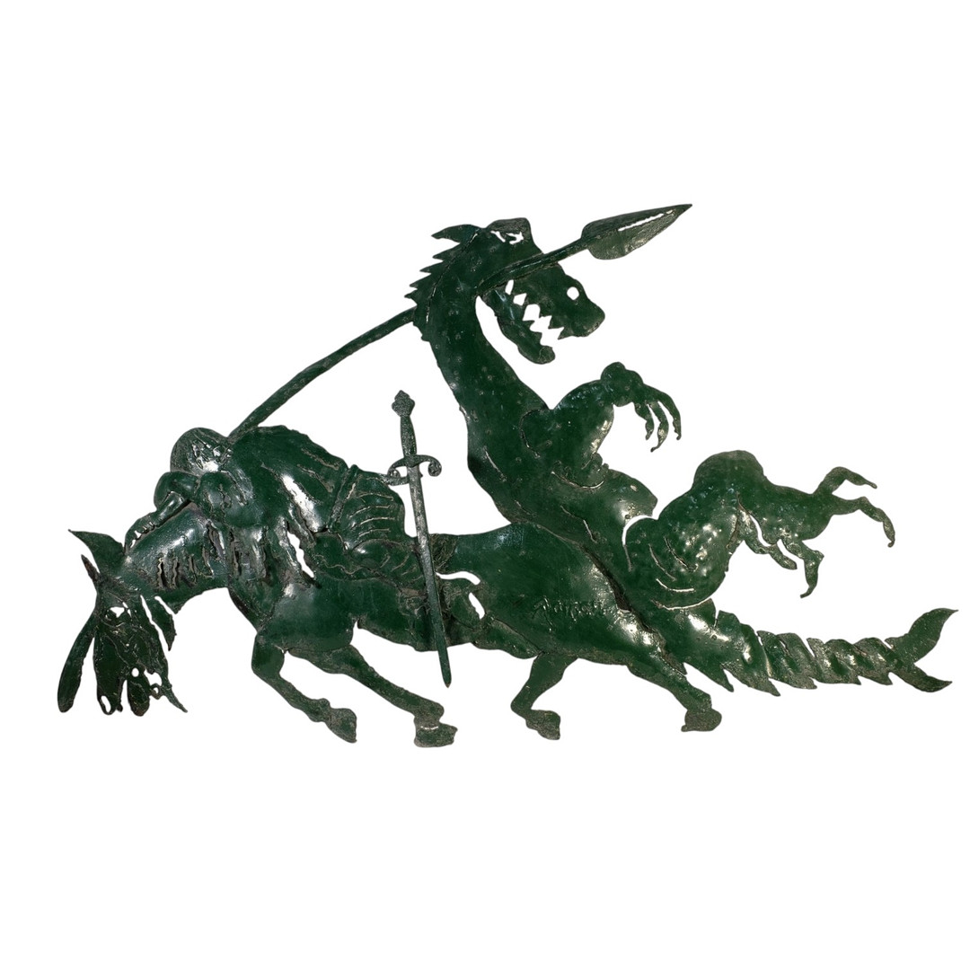 Escultura de San Jorge con el dragón. Plancha en hierro forjado.