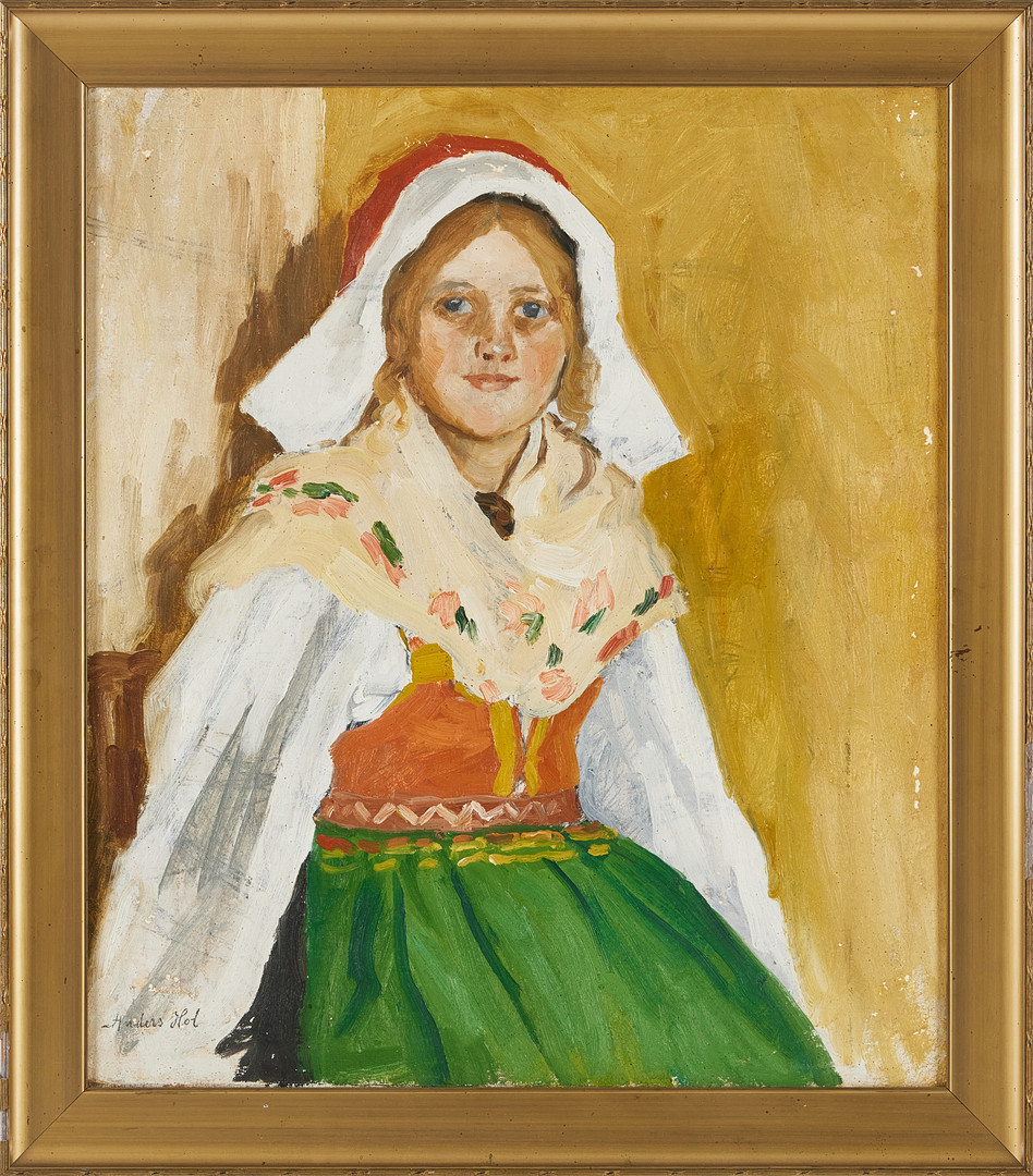ANDERS HOL. Kvinna i folkdräkt, olja på duk, signerad.