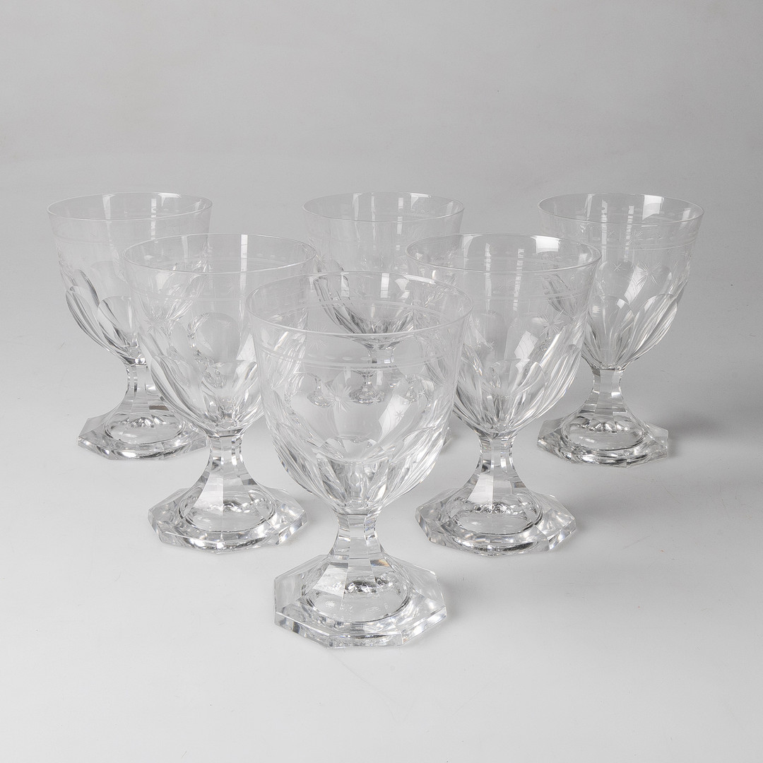 GLAS, modell "Wirde", Skrufs glasbruk, 6 stycken vinglas, omkring 1900-talets mitt.