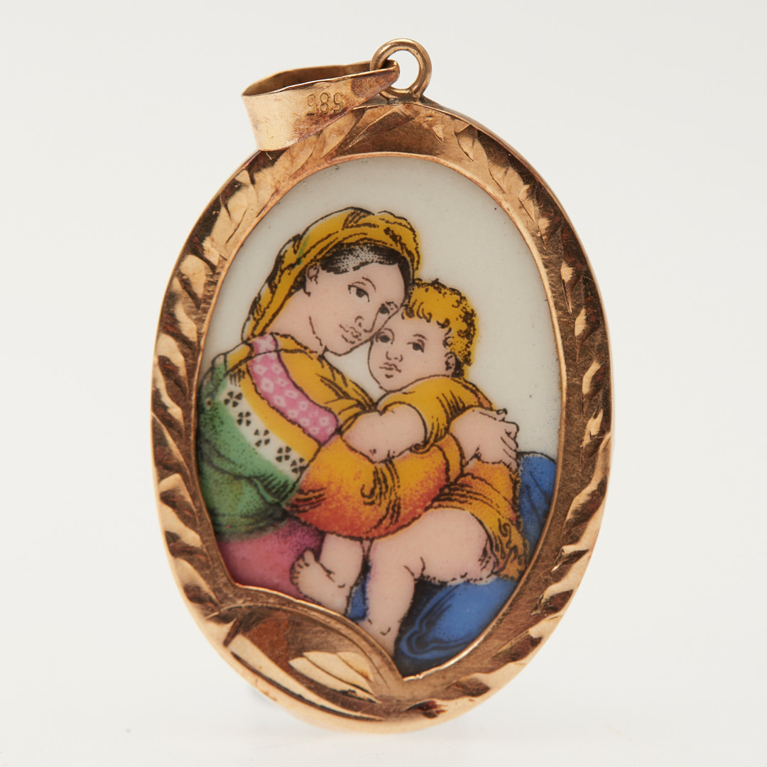 Anhänger, Emaille, "MARIA MIT JESUSKIND" 585er Rotgold.