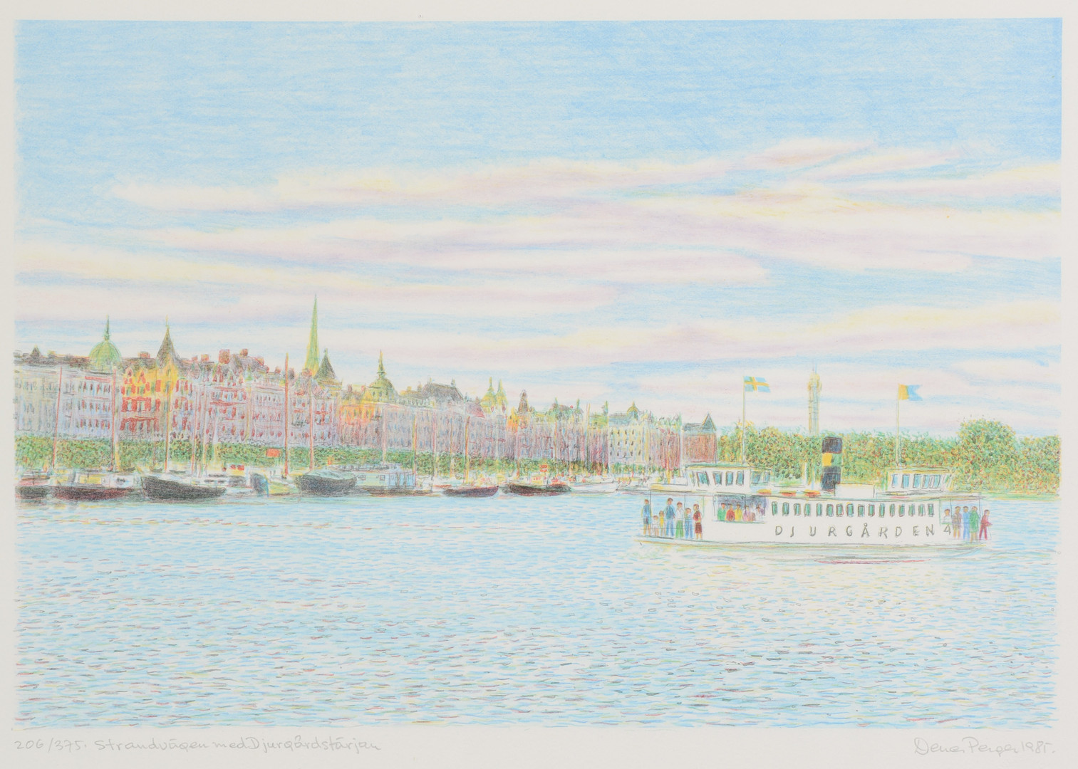 DÉNES PEGER. "Strandvägen med Djurgårdsfärjan", färglitografi, signerad, numrerad 206/375, daterad 1985.
