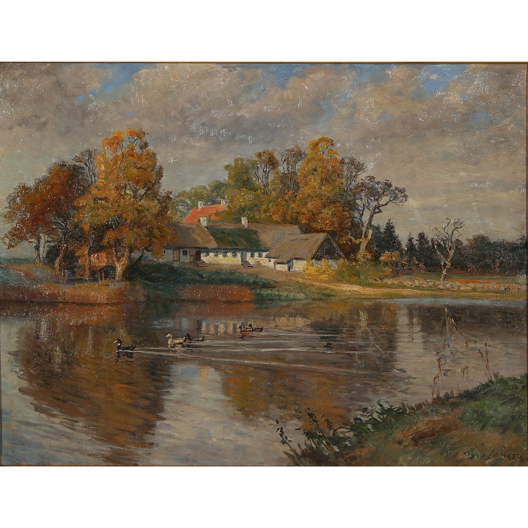 VIGGO LANGER (1860-1942). Landskab med gård og sø med ænder, olie på lærred, 1925.