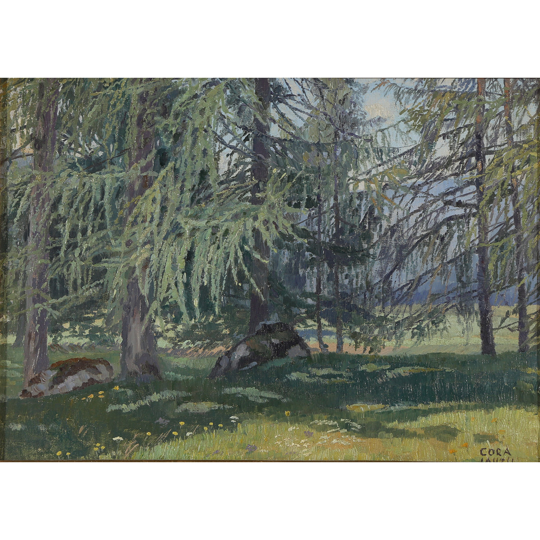 CORA LAUZIL (1881-1945). Skovlysning med træer, olie på lærred på malerpap.