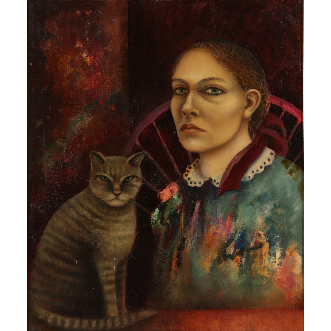 Ubekendt kunstner. Kvinde og kat, olie på plade.