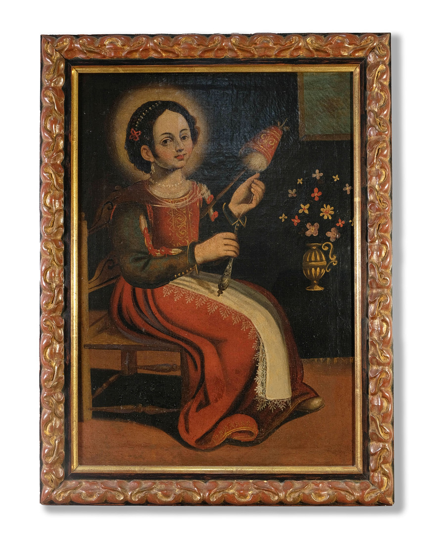 ESCUELA ESPAÑOLA O PORTUGUESA SIGLO XVIII. Mujer hilando. Óleo sobre lienzo.