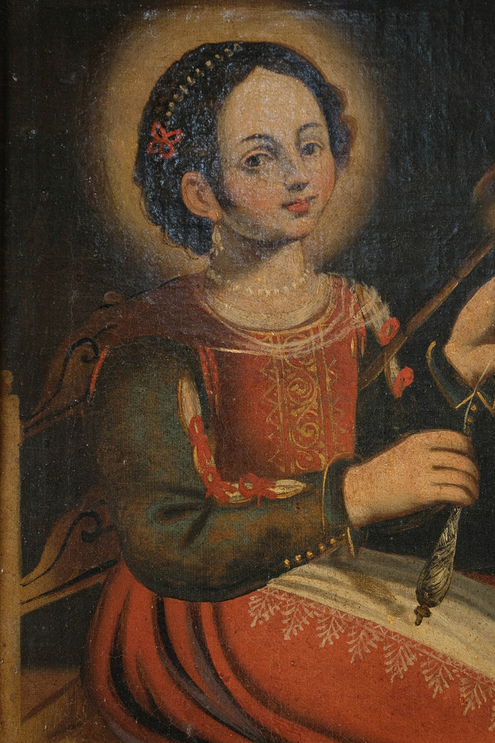 ESCUELA ESPAÑOLA O PORTUGUESA SIGLO XVIII. Mujer hilando. Óleo sobre lienzo.