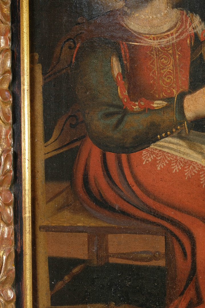 ESCUELA ESPAÑOLA O PORTUGUESA SIGLO XVIII. Mujer hilando. Óleo sobre lienzo.