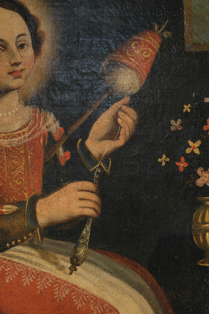 ESCUELA ESPAÑOLA O PORTUGUESA SIGLO XVIII. Mujer hilando. Óleo sobre lienzo.