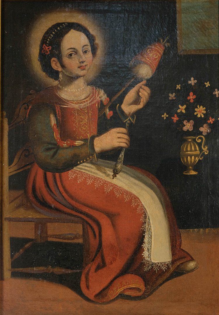 ESCUELA ESPAÑOLA O PORTUGUESA SIGLO XVIII. Mujer hilando. Óleo sobre lienzo.
