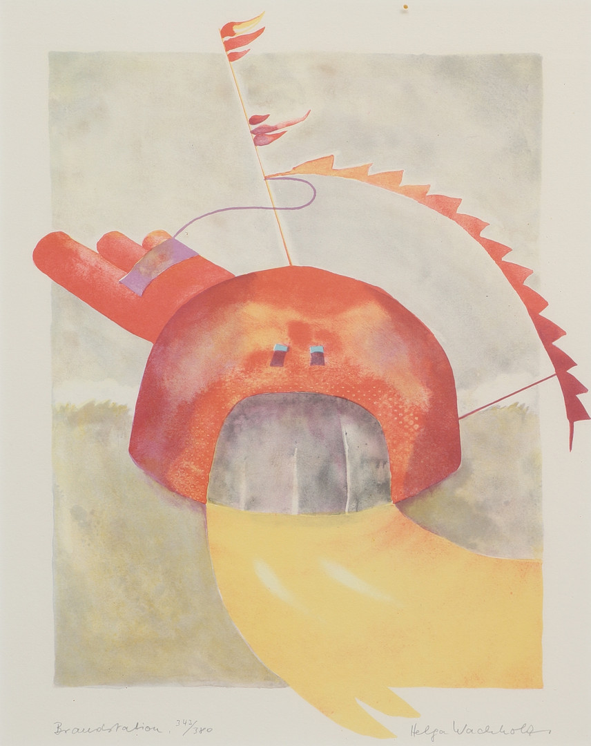 HELGA WACHHOLZ. Färglitografi, "Brandstation", signerad, numrerad 343/380.