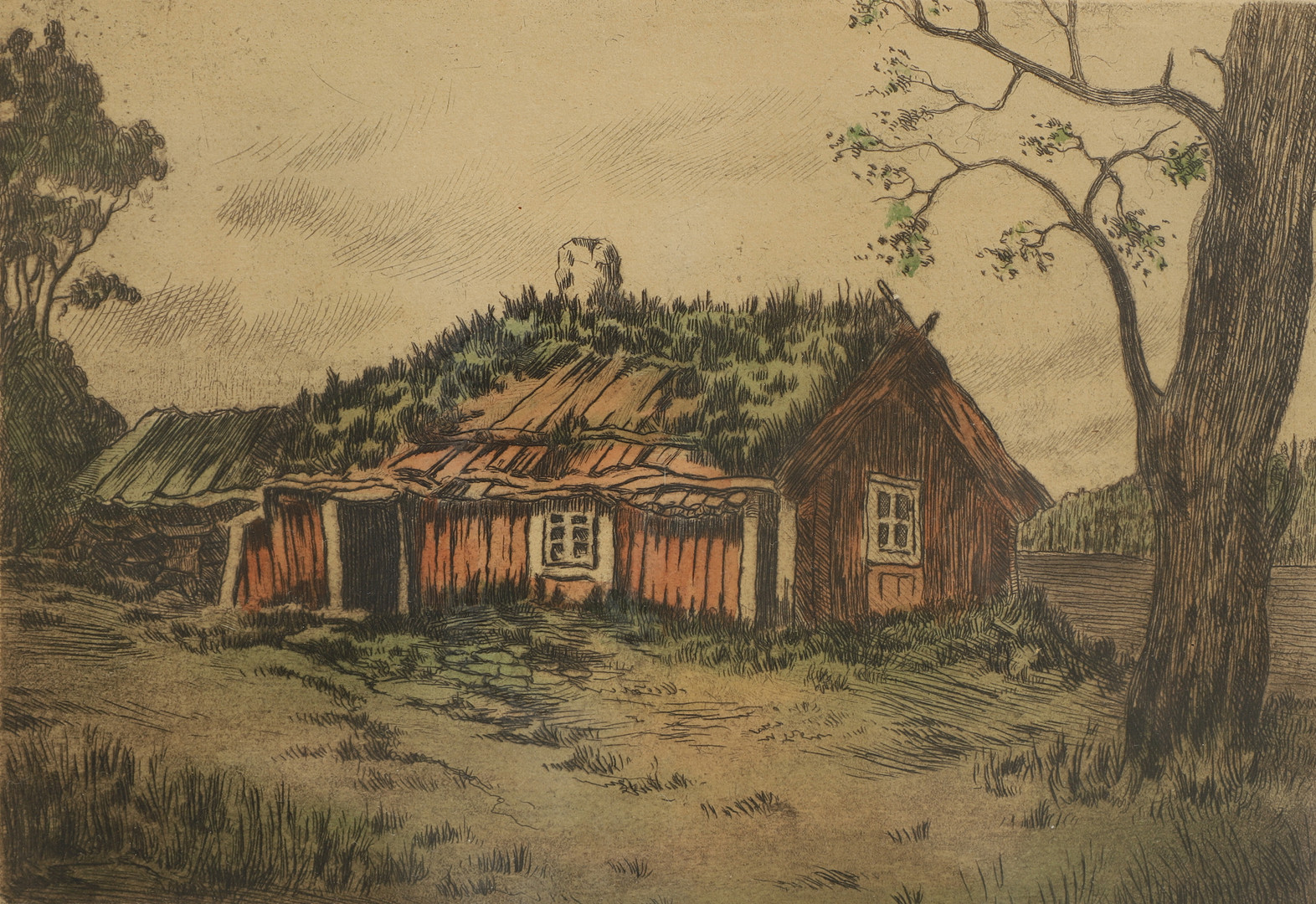JEAN SKOGLUND. Etsningar, 2 st, "Ryggåsstuga" och "Vårbäcken", signerade.