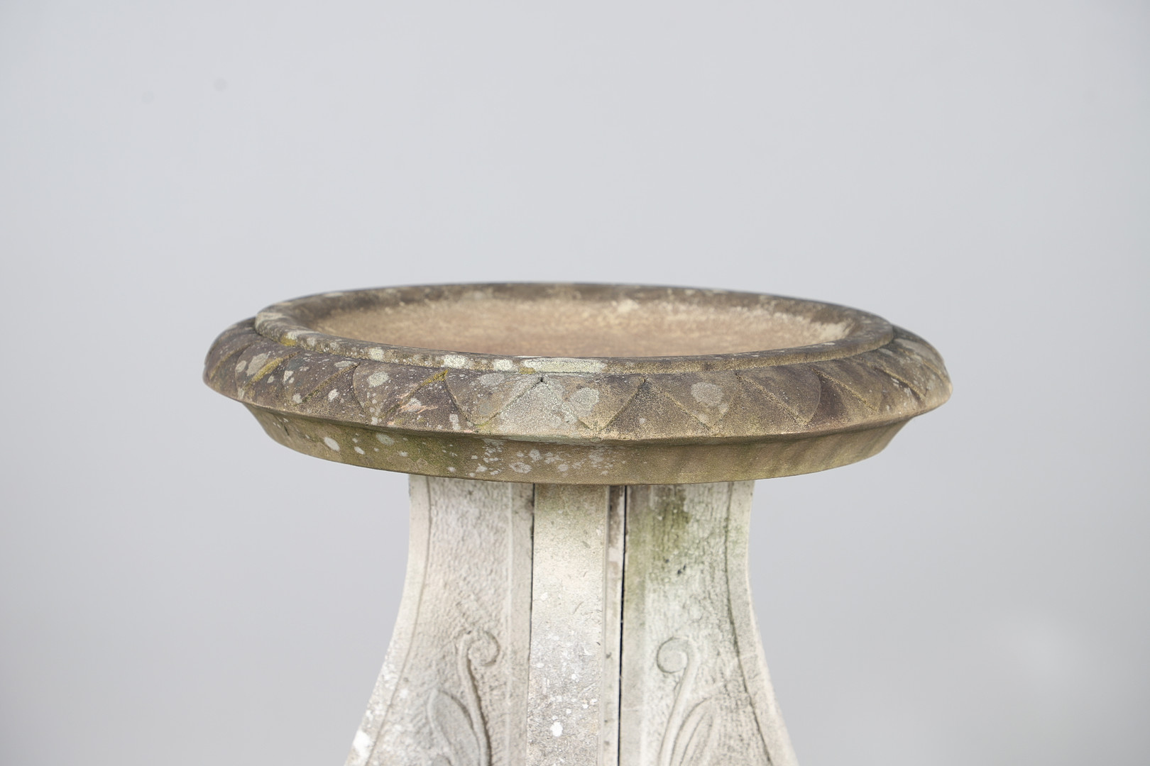 CARVED STONE TALL BIRDBATH.