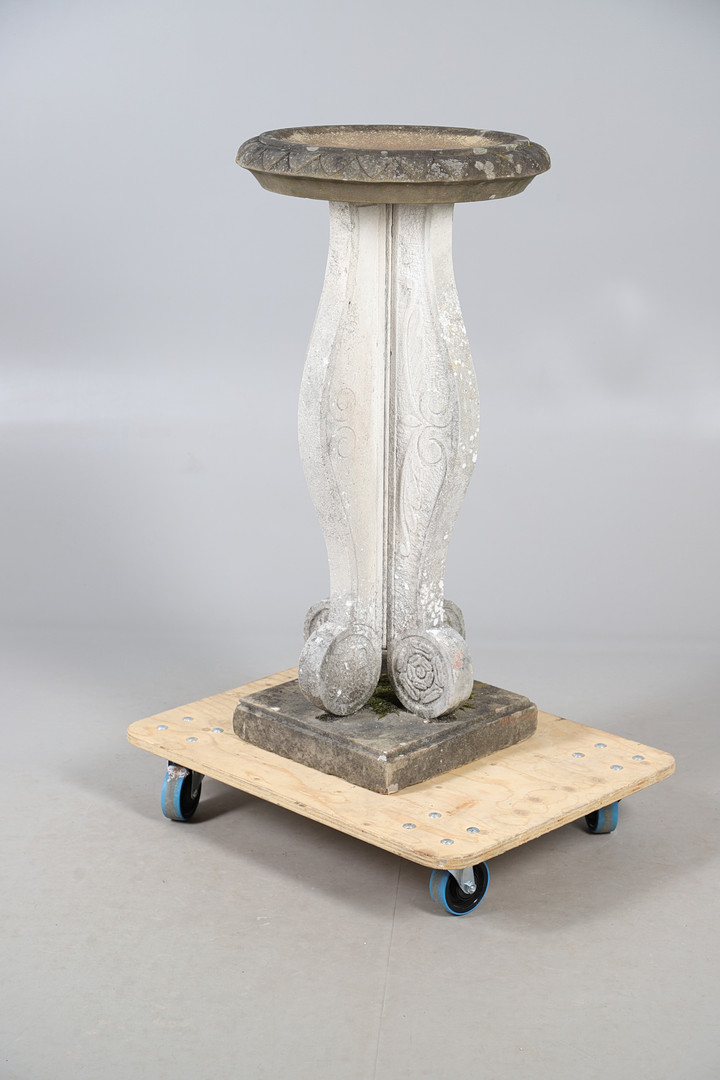 CARVED STONE TALL BIRDBATH.