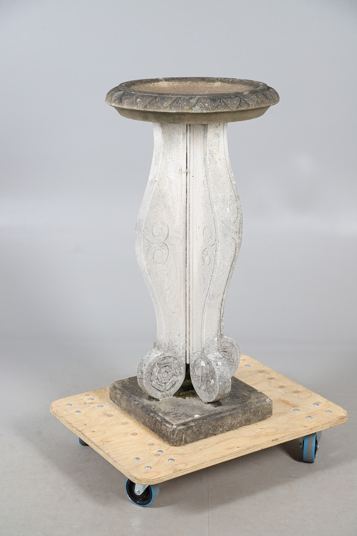 CARVED STONE TALL BIRDBATH.