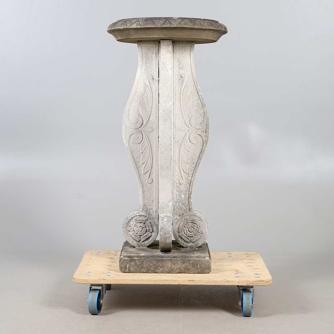 CARVED STONE TALL BIRDBATH.