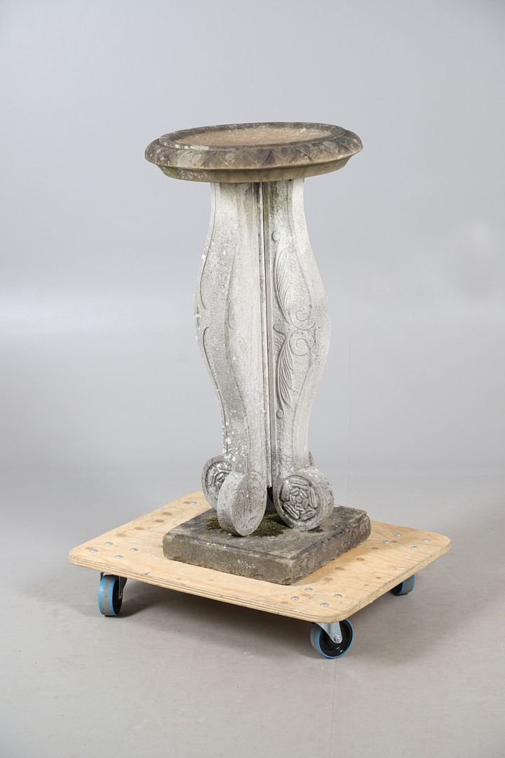 CARVED STONE TALL BIRDBATH.