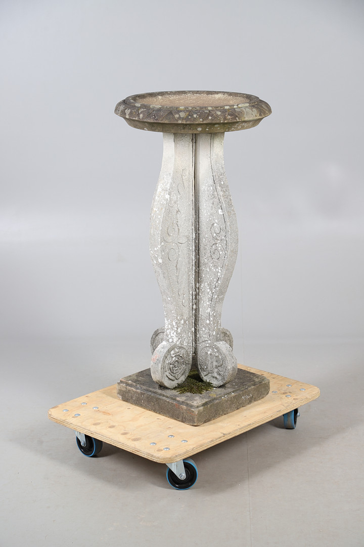 CARVED STONE TALL BIRDBATH.