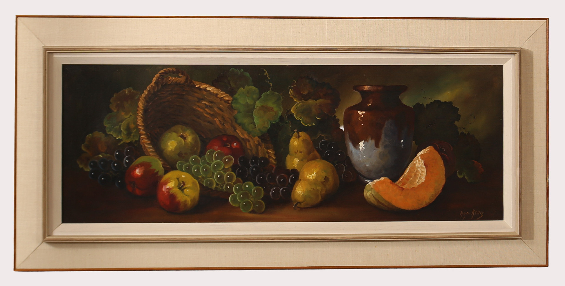 OIDENTIFIERAD KONSTNÄR. , olja på duk, fruktstilleben, korg äpplen druvor, päron melon, signerad Agn, Kray. 1900-talets tredje fjärdedel.