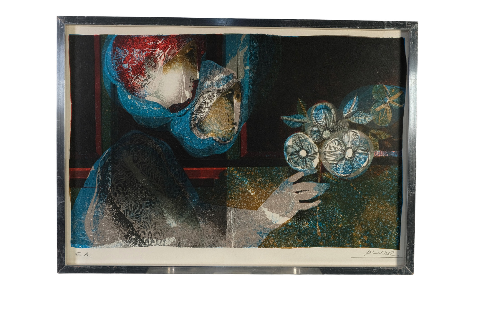 ALVAR SUÑOL. Figuras con flores. Litografía firmada. Tirada E.A.