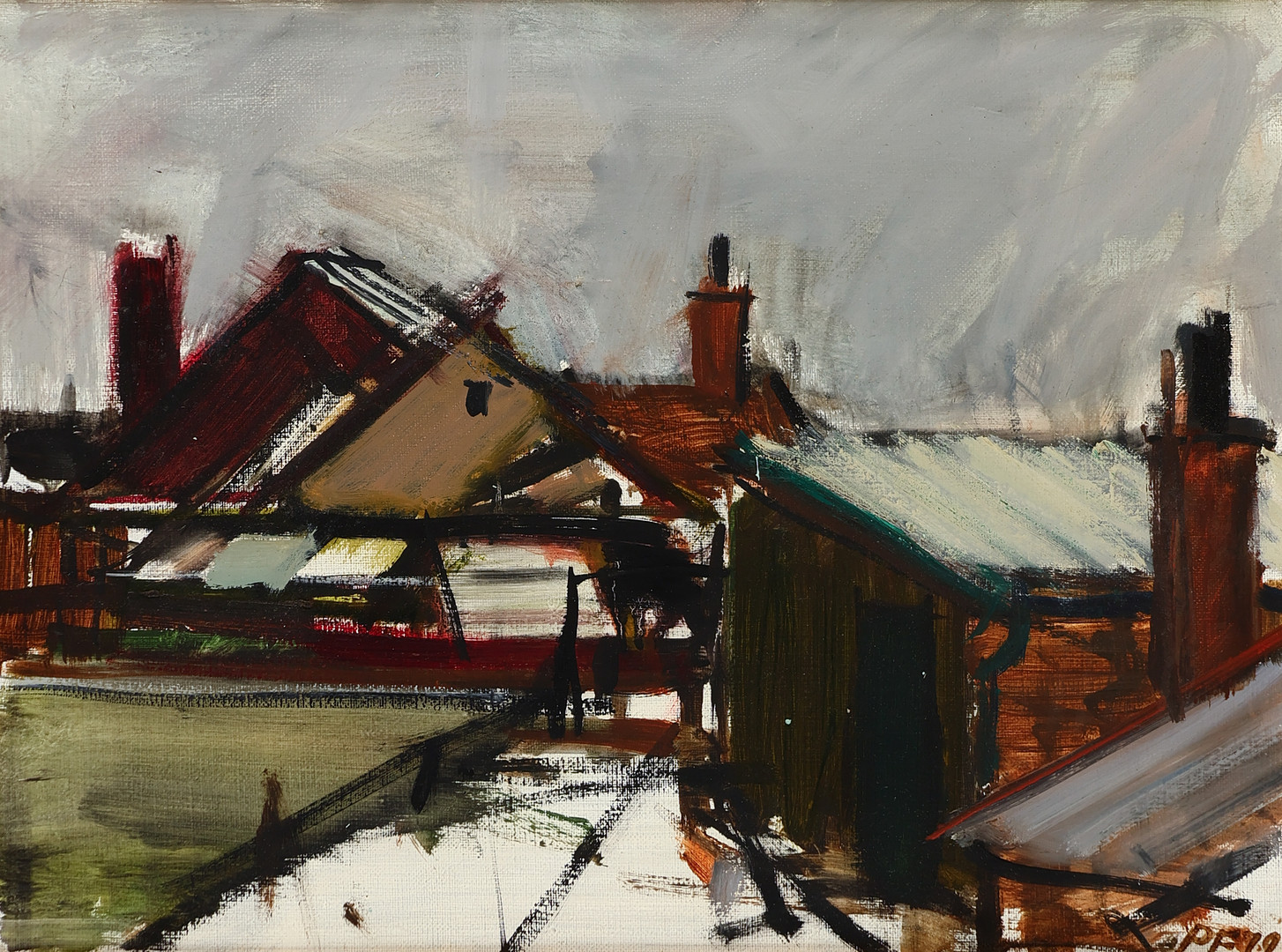 PER FLEMMING F. 1940. 'Kolonihaver fra Amager', olie på lærred, signeret og dateret 1979.