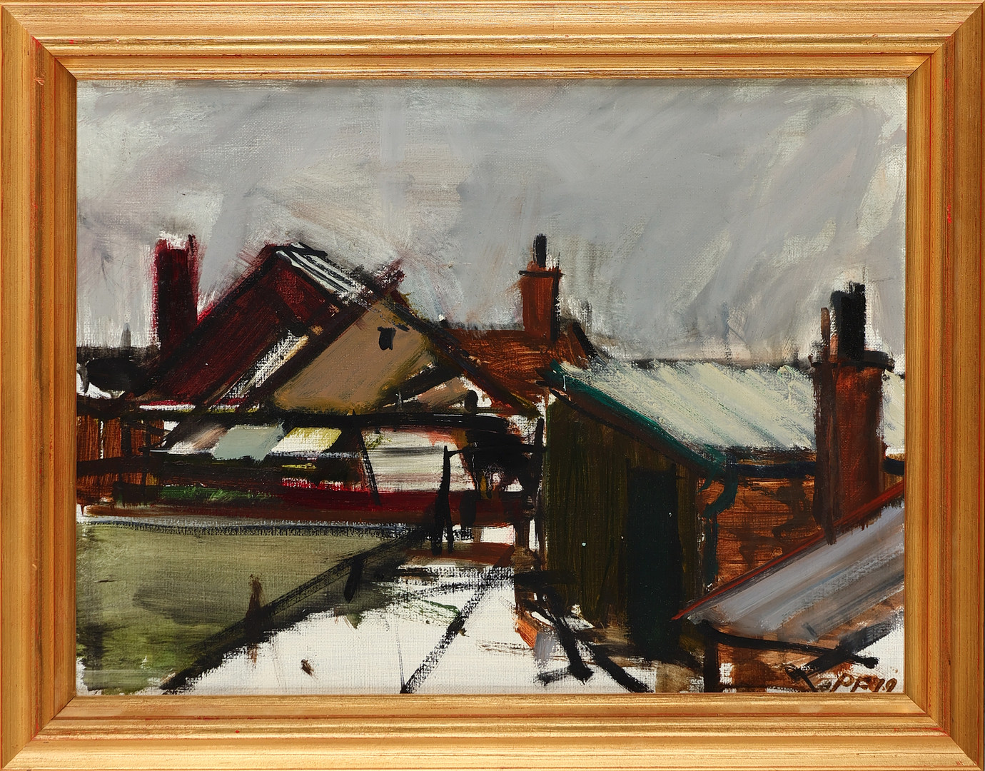 PER FLEMMING F. 1940. 'Kolonihaver fra Amager', olie på lærred, signeret og dateret 1979.