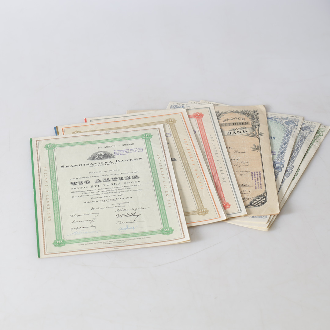 AKTIEBREV, 9 delar, banker, 1900-tal.
