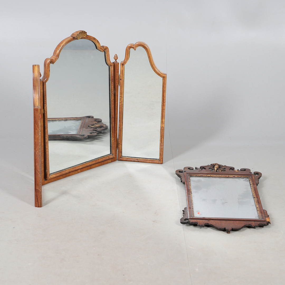 A FRET CARVED MIRROR AND A TRIFOLD MIRROR.