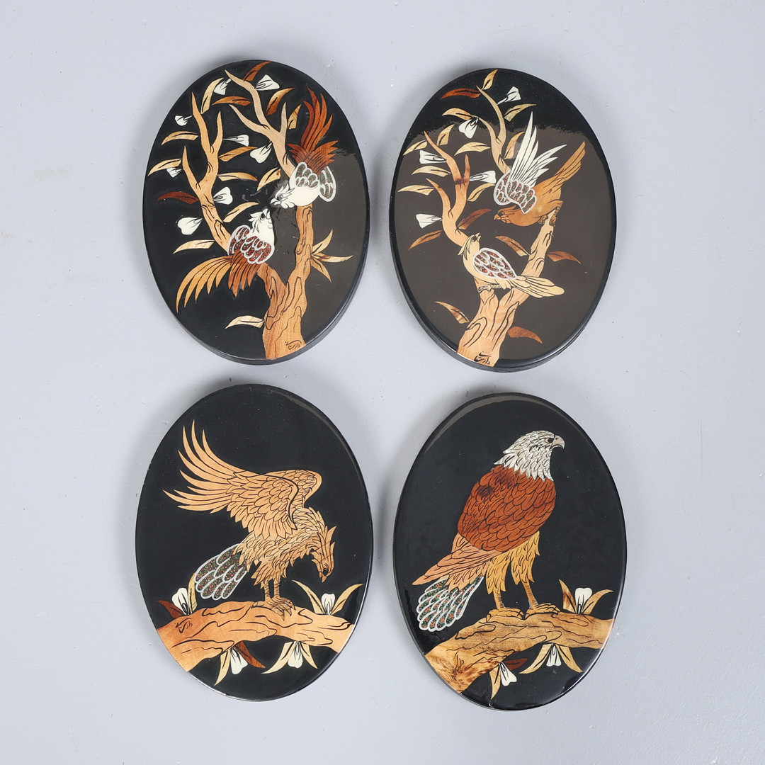 SET OF 4 PERSIAN MOARAGH KARI MARQUETRY PANELS.