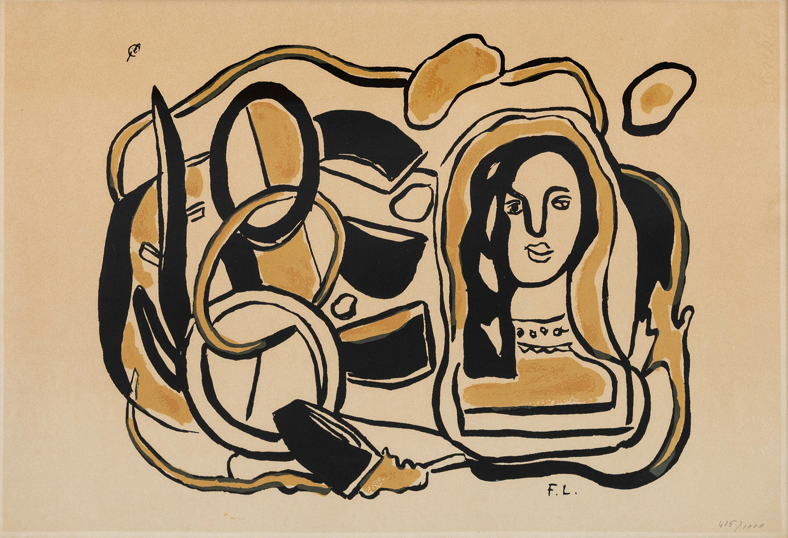 FERNAND  LÉGER. EFTER. "Tete de femme", färglitografi, monogramsignerad i trycket, numrerad 415/1000.
