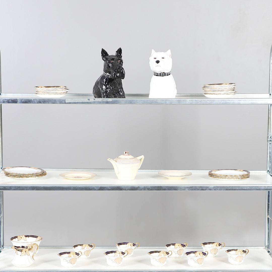 TWO ROYAL ADDERLEY CHINA DOGS & PARAGON & CROWN DUCAL TEAWARE.