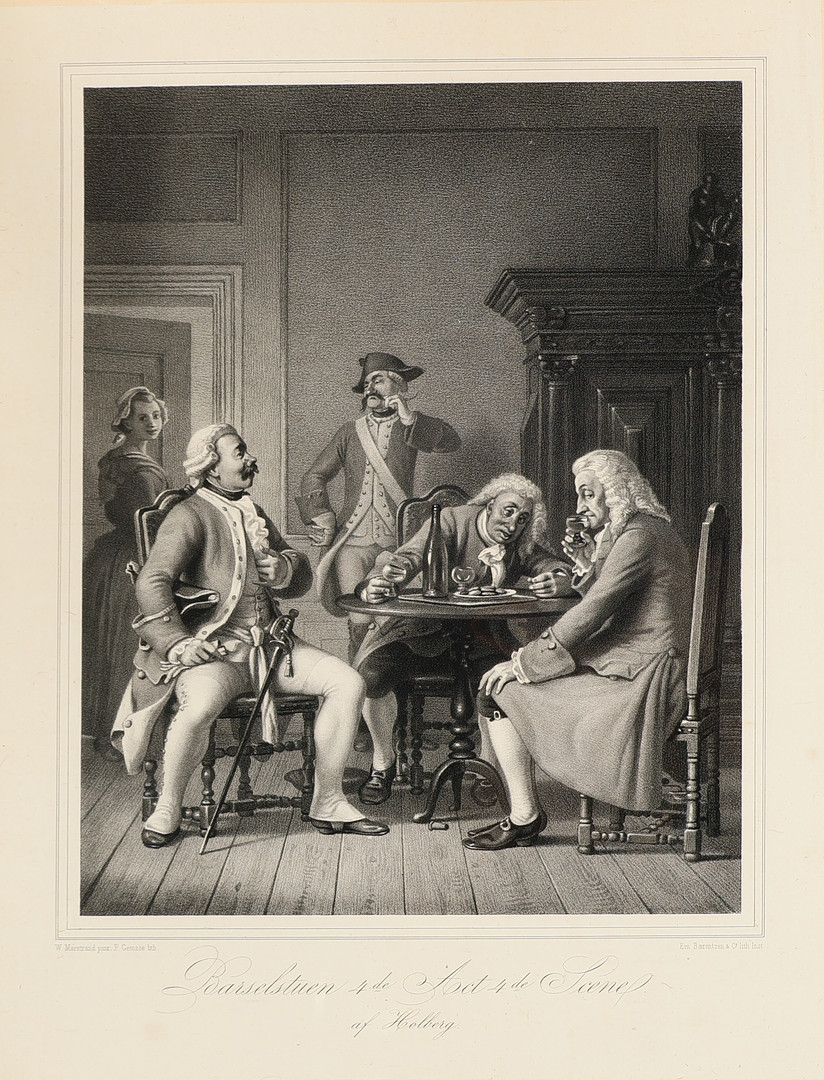 WILHELM MARSTRAND (1810-73). EFTER. To litografiske motiver efter Johan Ludvig Holbergs 'Barselsstuen' og 'Den politiske kandestøber', midten af 1800 tallet (2).