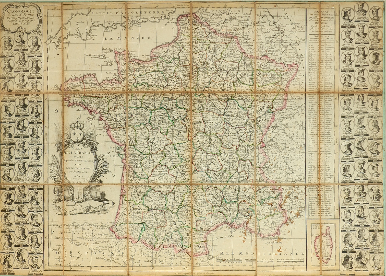 Indrammet koloreret kobberstik med kort over Frankrig i 18 felter 'Carte de la France' fra 1814.