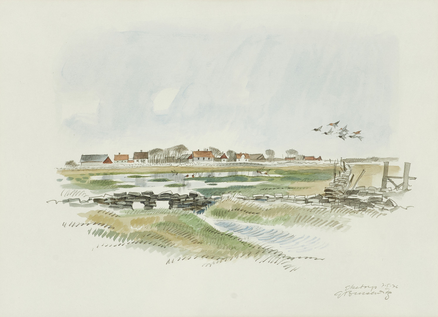 GUNNAR BRUSEWITZ (1924-2004). "Eketorp", signerad, daterad -76, blandteknik med akvarell.