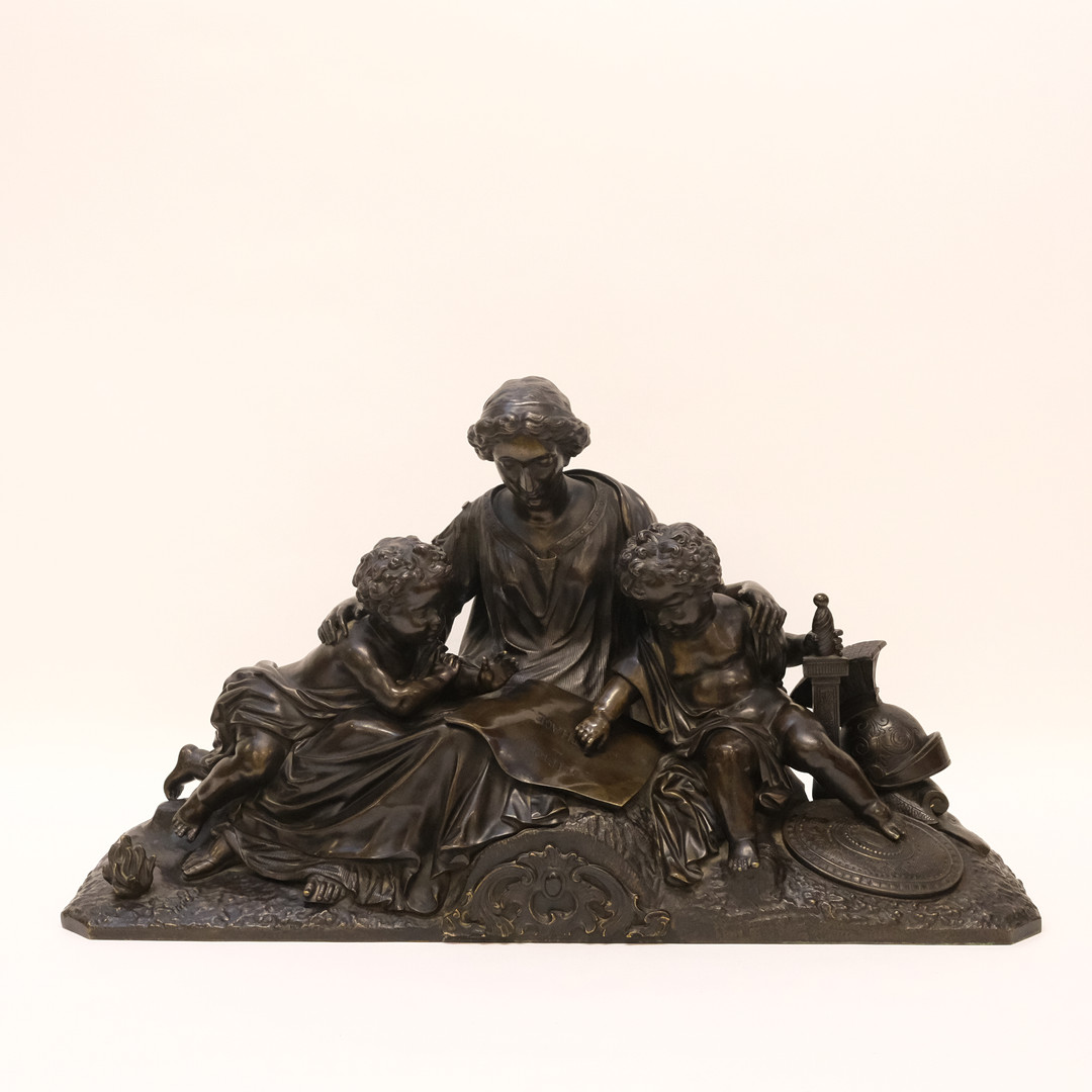 SKULPTUR, MOR MED BARN, "CONTINENCE DE SCIPION", MÖRKPATINERAD BRONS, 1800-TALETS SLUT.