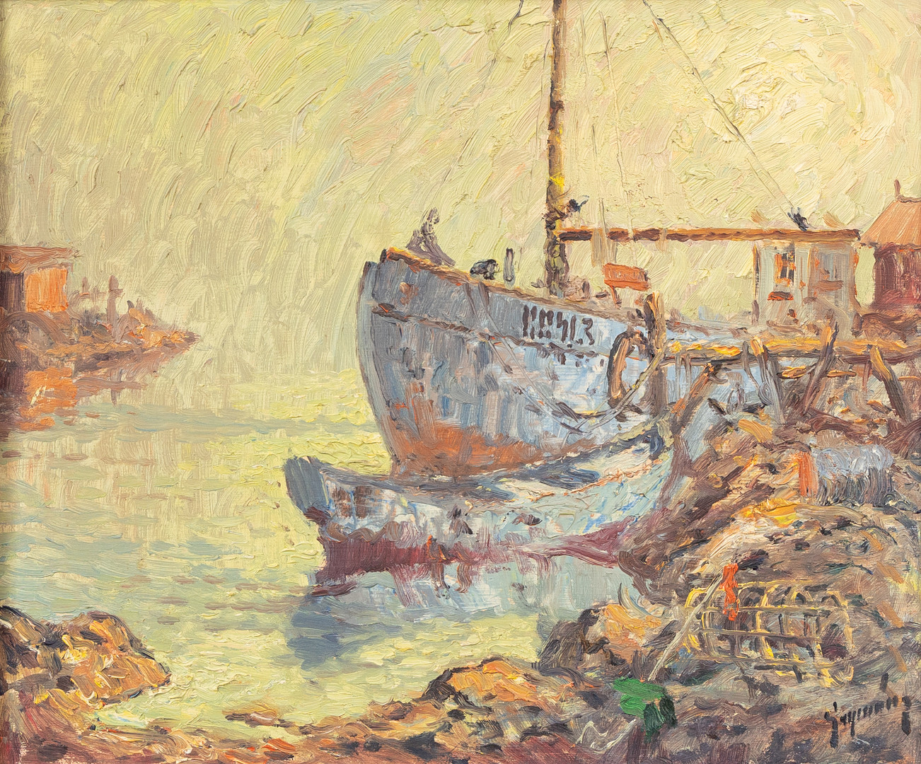 EVERT GRYNNING (1910-1966). Motljus över fiskebåt, olja på pannå, signerad.