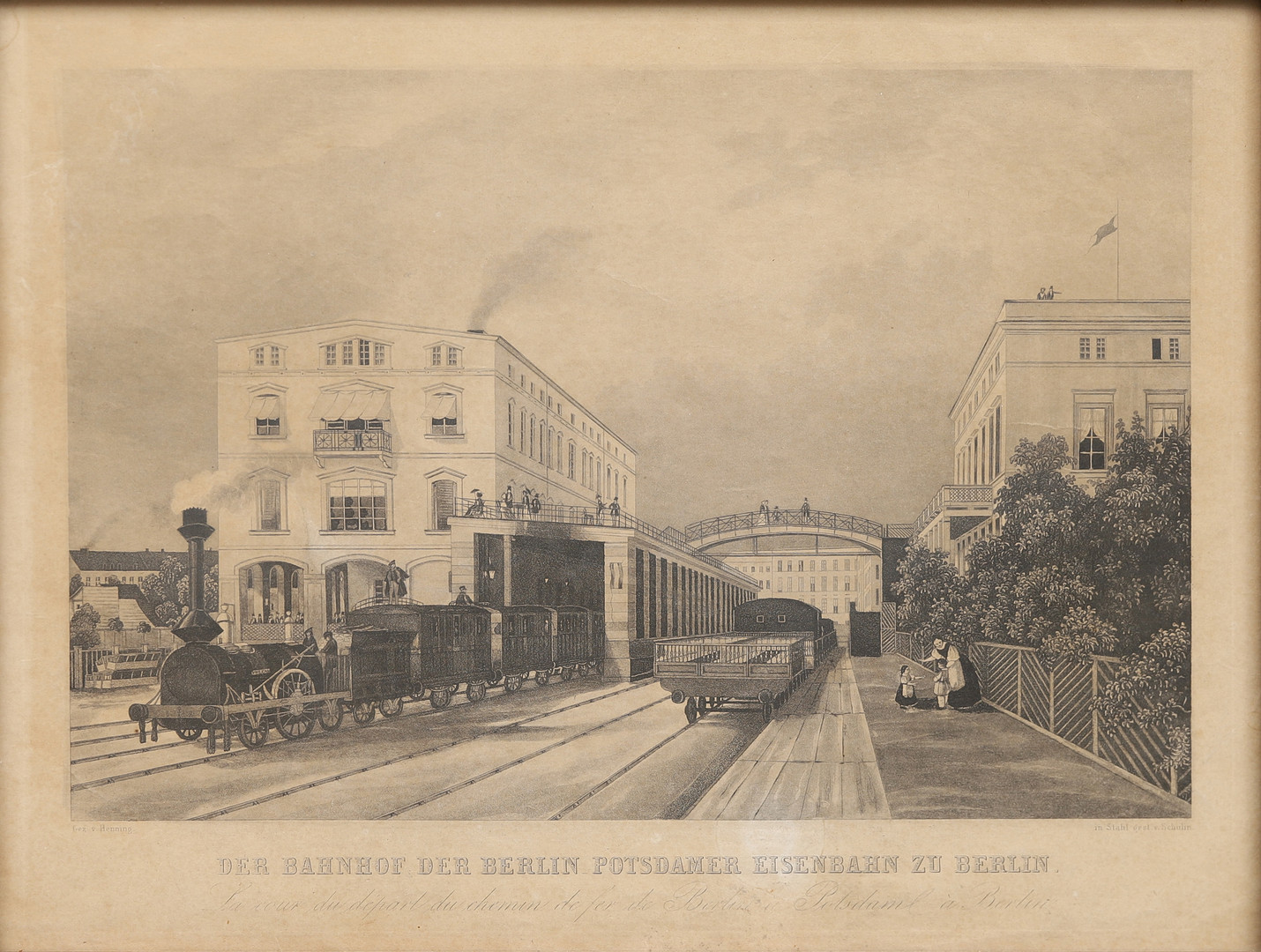DER BAHNHOF DER BERLIN POTSDAMER EISENBAHN ZU BERLIN, gravyr. Carl Schulin och Carl J. Henning, 1843. "La cour du pepart dy chemin de fer de Berlin Potsdam a Berlin ".