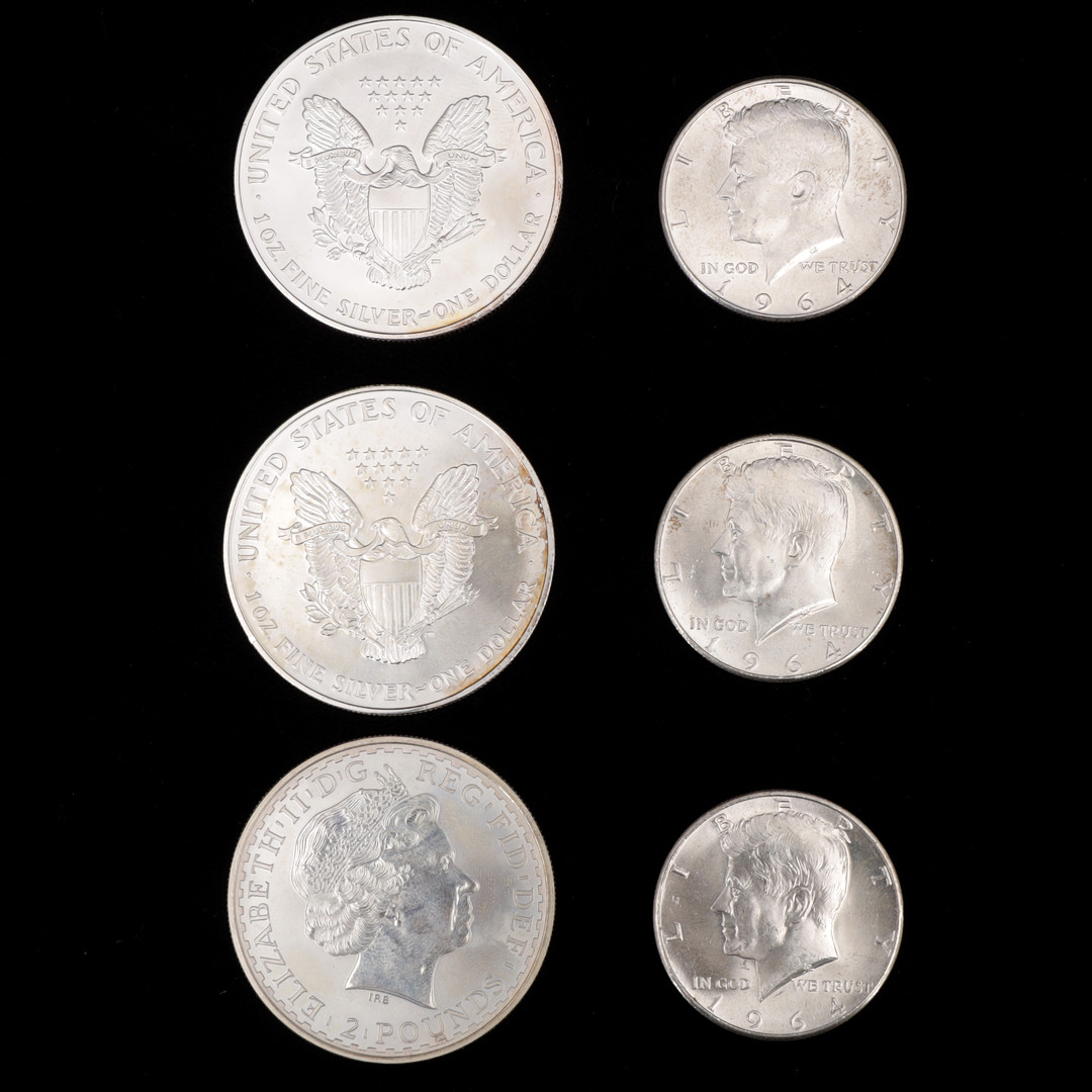 MYNT, 6 st, silver, USA och Brittania, 1964-1998.